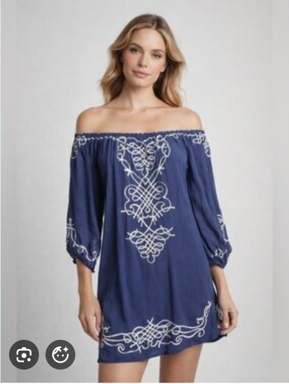 Poupette St Barth Off Shoulder Embroidered Tunic Dress Blue White Boho NWT Large